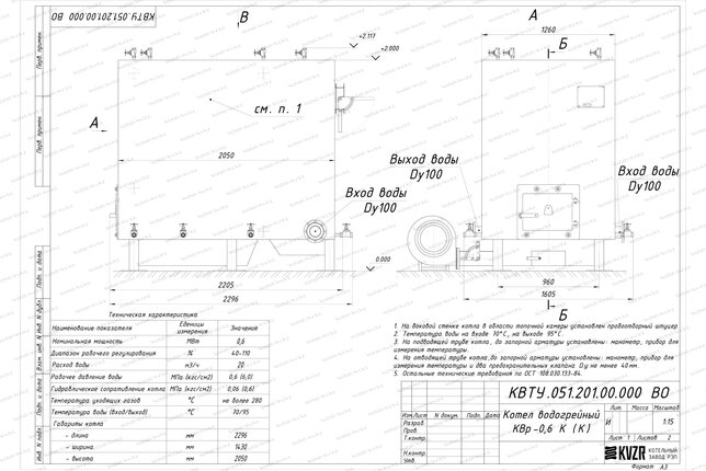 Котел 0.6 МВт угольный с колосниками чертеж